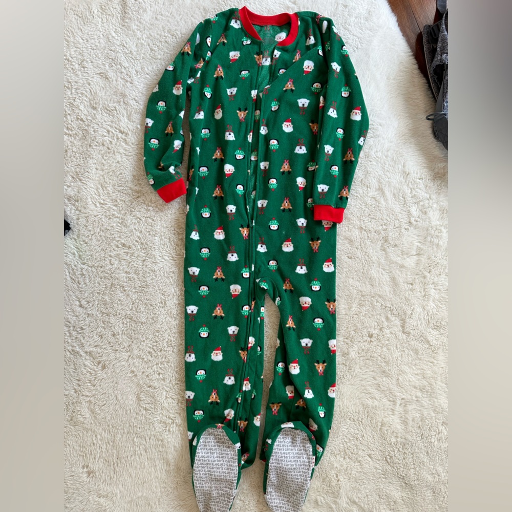 Carters kids size 12 green with red trim holiday fleece footie pajamas